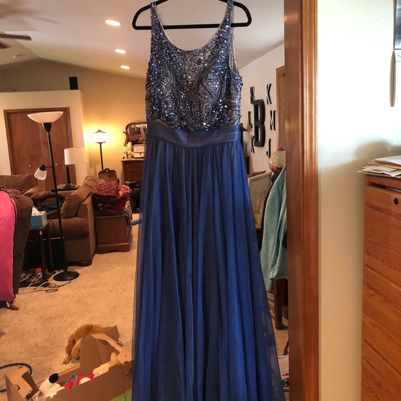 Formal full length sheer midnight blue jeweled - Picture 2 of 5